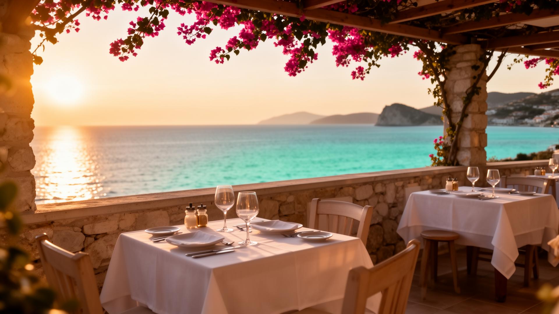 Sunset terrace at Majestic restaurant overlooking the Ionian sea